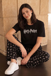 Zivame Harry Potter Knit Cotton Loungewear Set - Black Beauty — thumbnail 1